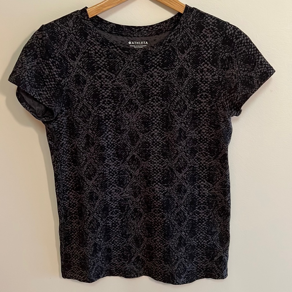 Athleta 100% Organic Cotton T-shirt, snake skin black and purple pattern